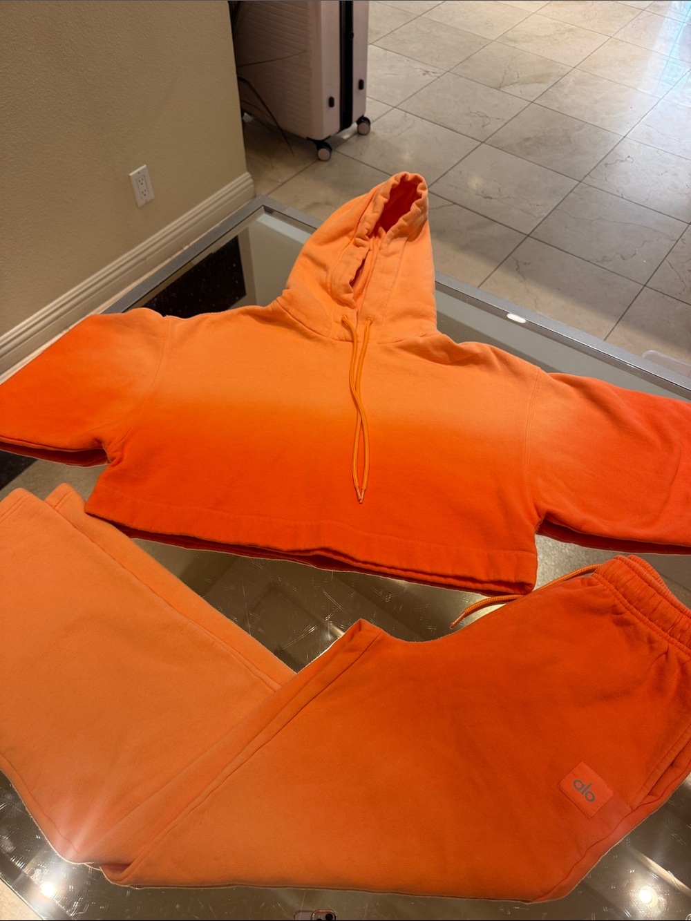 Alo Yoga Sunset Ombré Crop Hoodie and Wide Leg Sweatpants